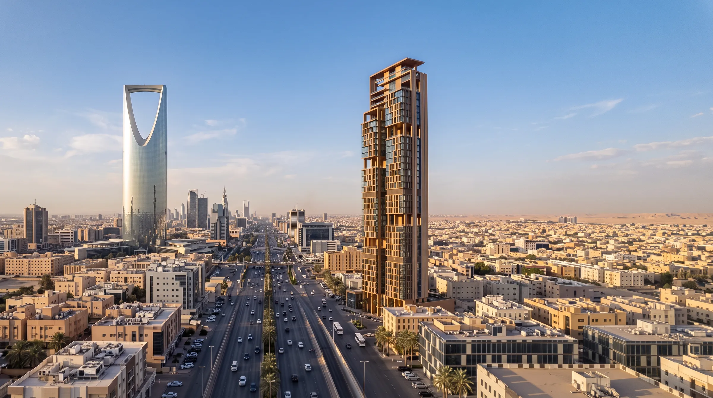 البرج على طريق الملك فهد، وبرج المملكة إلى يساره في الأفق، تصور معماري.