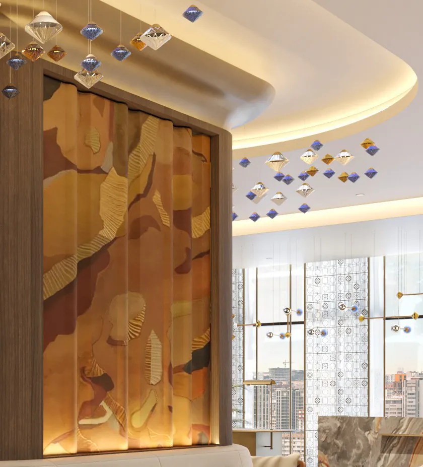 A hand-finished amber wall panel and pendant lights in the lobby.