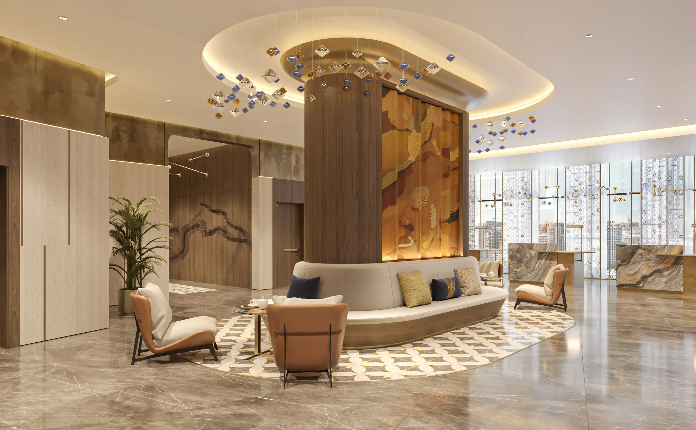 The hotel’s arrival lobby: a timber column with a patterned wall panel, lounge seating and a pendant ceiling feature.