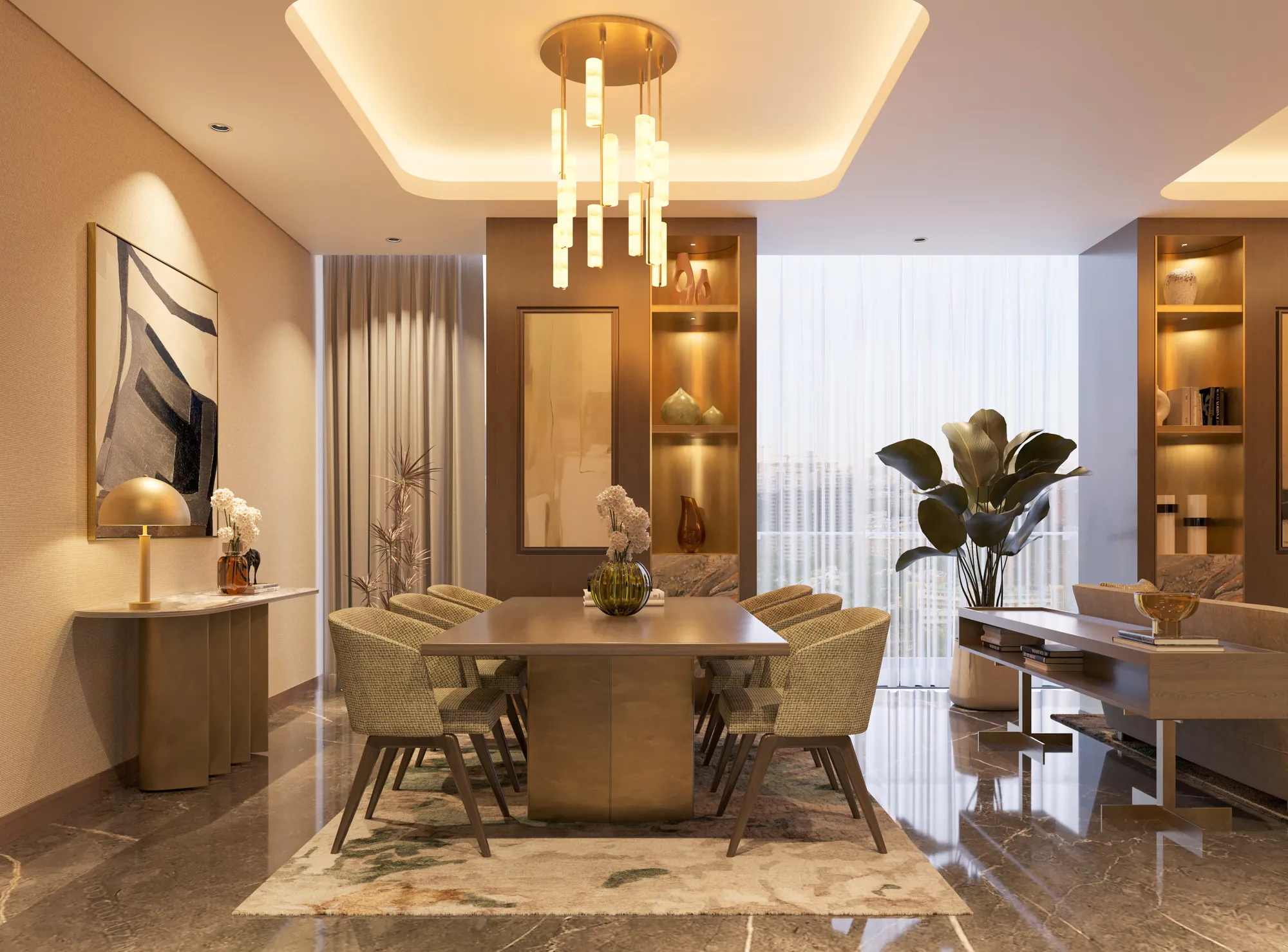 The royal suite living and dining room beneath a pendant chandelier.