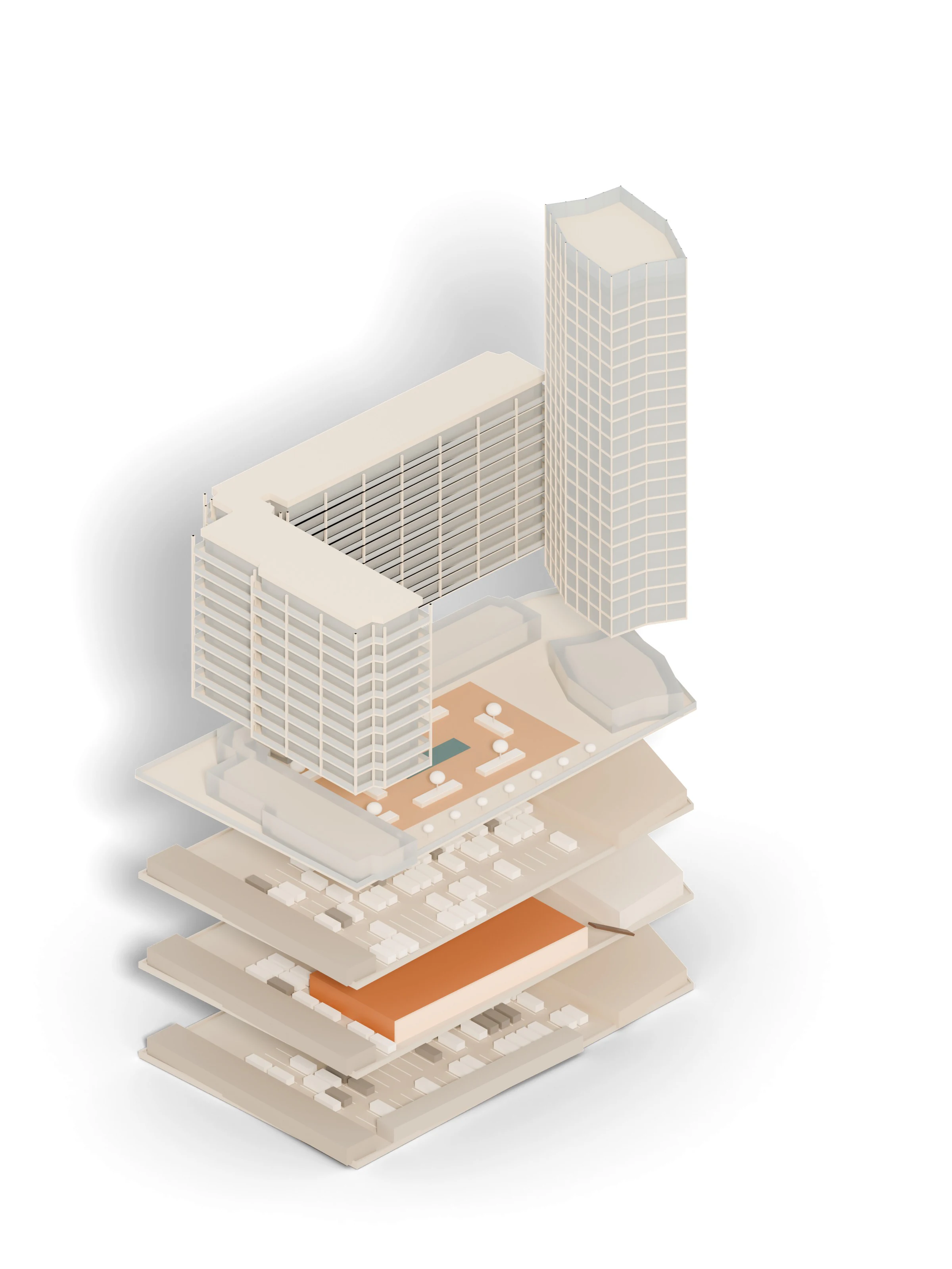 Exploded axonometric drawing: the tower, the main building and the podium levels stacked apart above the basement.